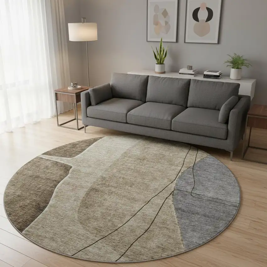 8' Brown Beige And Blue Abstract Washable Round Rug With UV Protection Photo 2