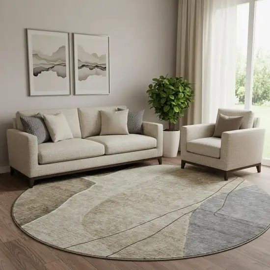 8' Brown Beige And Blue Abstract Washable Round Rug With UV Protection Photo 1