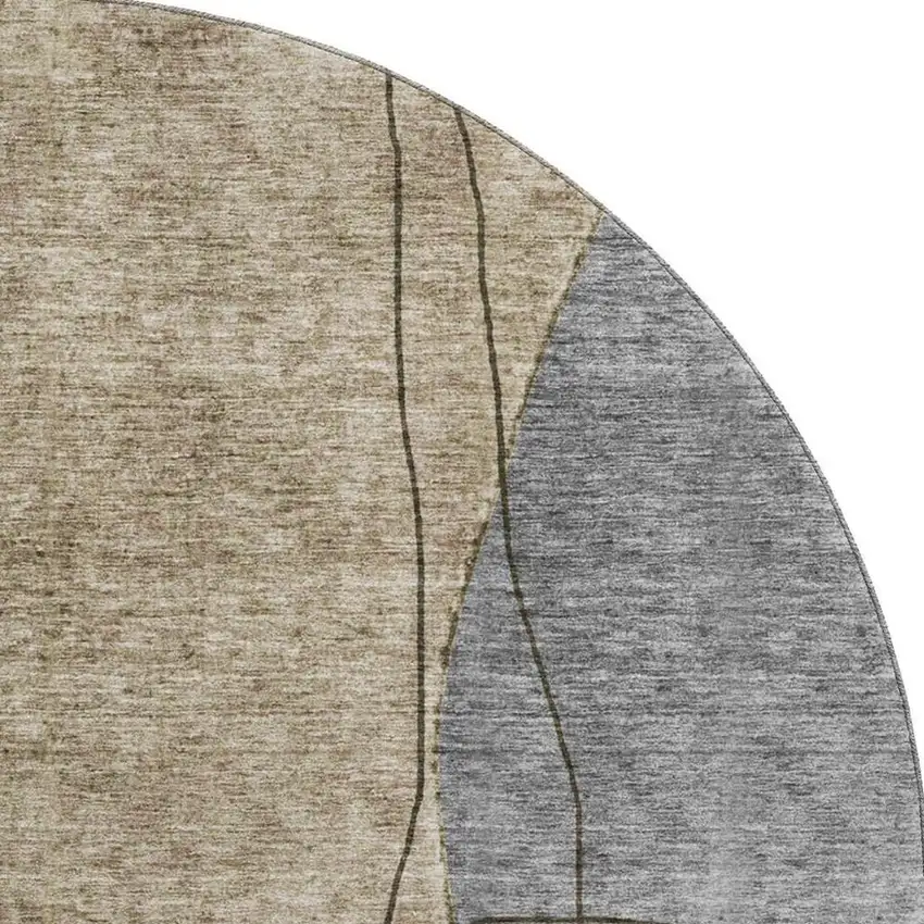8' Brown Beige And Blue Abstract Washable Round Rug With UV Protection Photo 4
