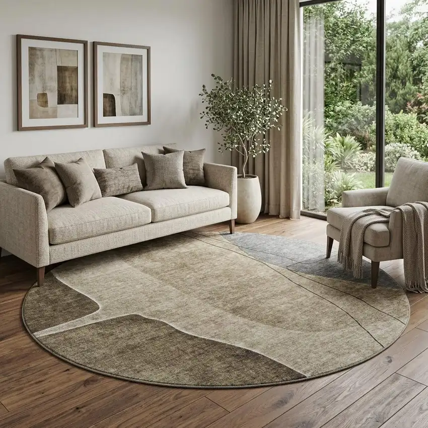 8' Brown Beige And Blue Abstract Washable Round Rug With UV Protection Photo 1