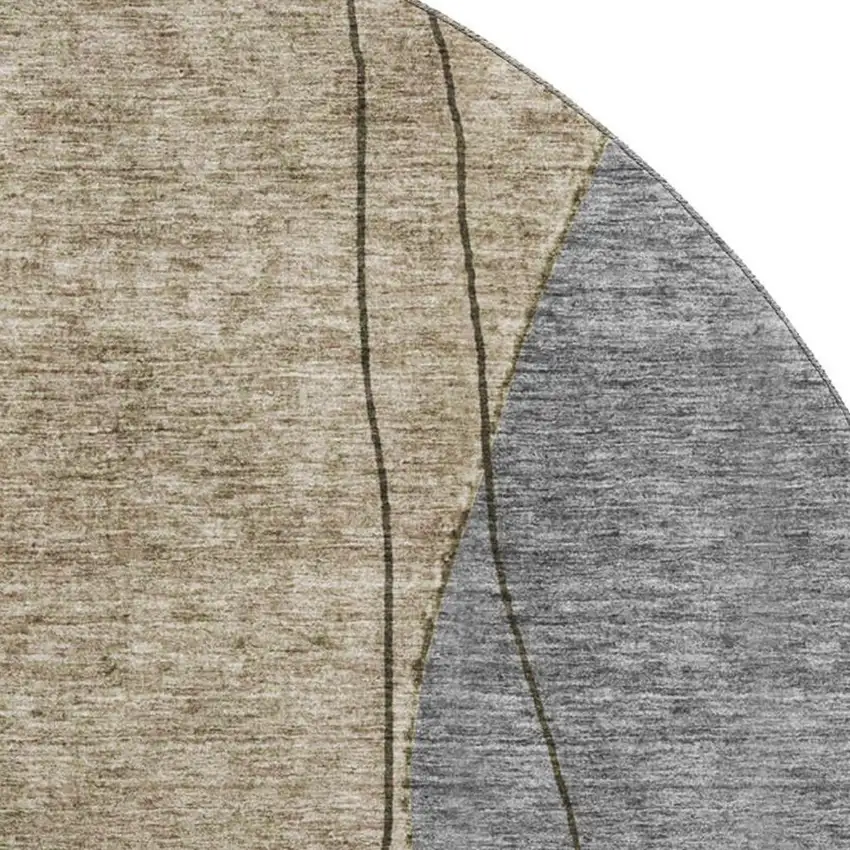 8' Brown Beige And Blue Abstract Washable Round Rug With UV Protection Photo 3