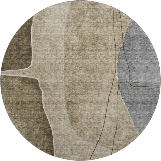 8' Brown Beige And Blue Abstract Washable Round Rug With UV Protection Photo 1