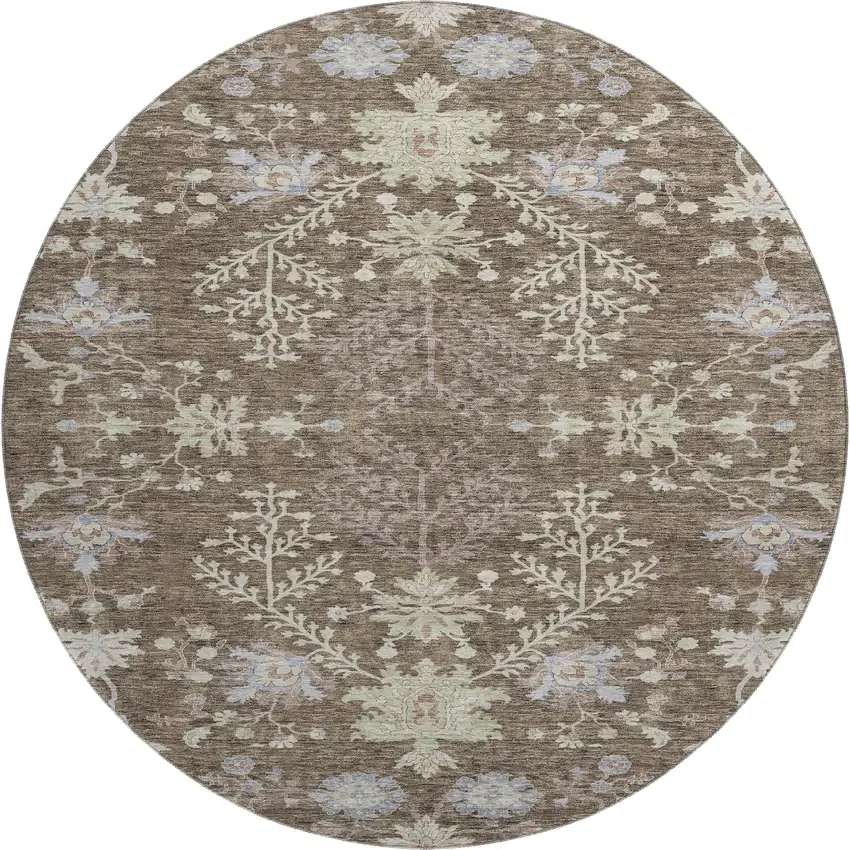 8' Brown Beige And Blue Floral Washable Round Rug With UV Protection Photo 1