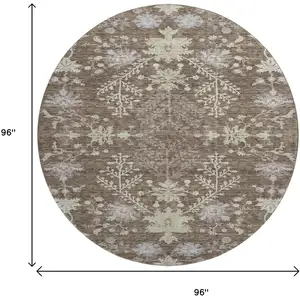 Photo of 8' Brown Beige And Blue Floral Washable Round Rug With UV Protection