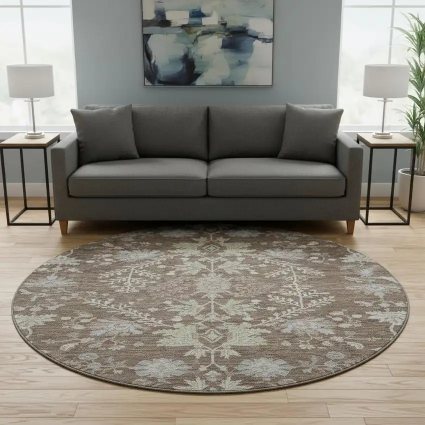 8' Brown Beige And Blue Floral Washable Round Rug With UV Protection Photo 2