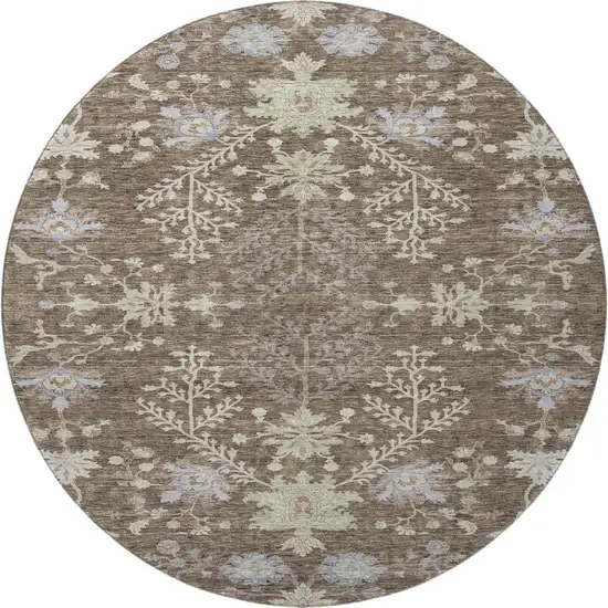 8' Brown Beige And Blue Floral Washable Round Rug With UV Protection Photo 3