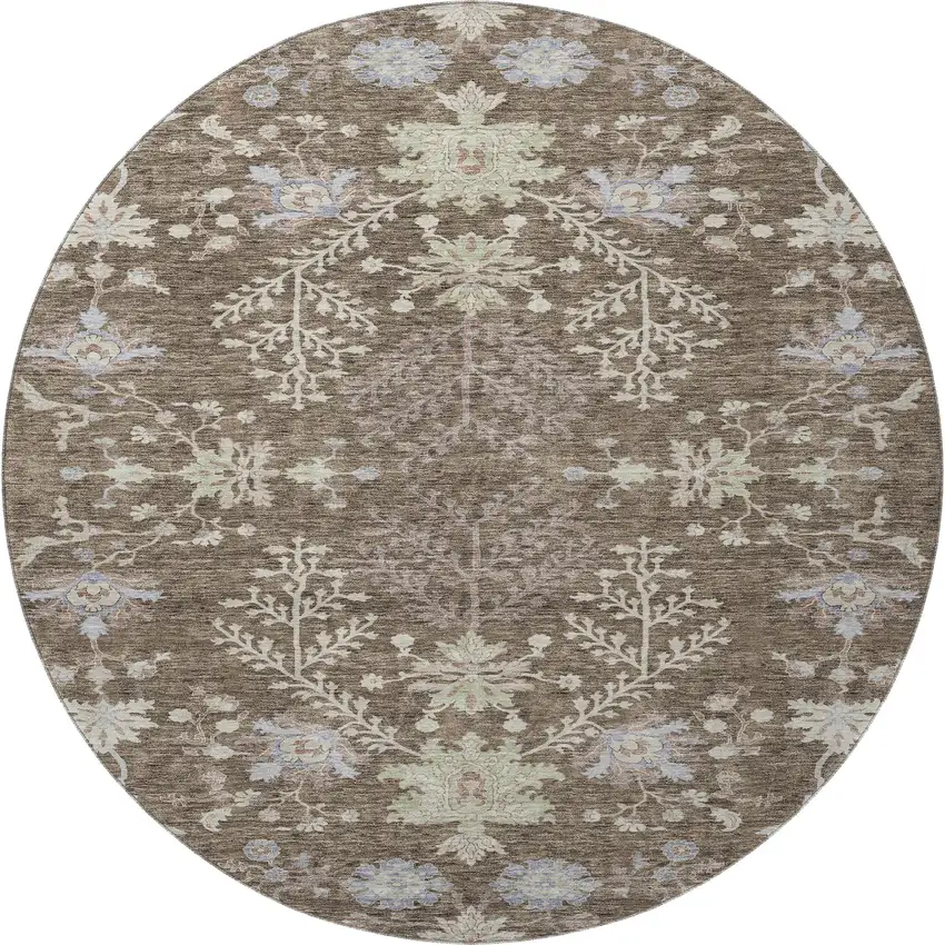 8' Brown Beige And Blue Floral Washable Round Rug With UV Protection Photo 3