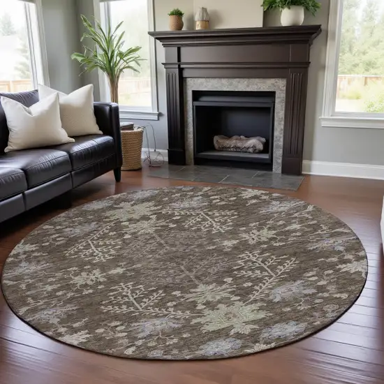 8' Brown Beige And Blue Floral Washable Round Rug With UV Protection Photo 4