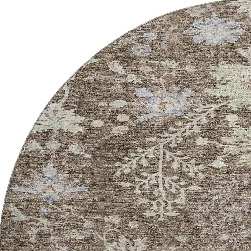 8' Brown Beige And Blue Floral Washable Round Rug With UV Protection Photo 2