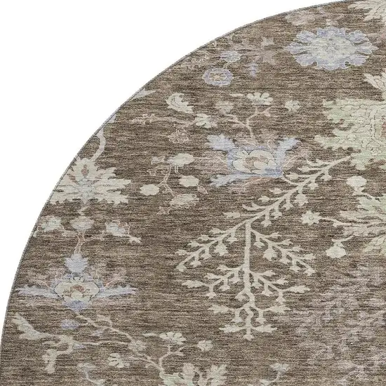 8' Brown Beige And Blue Floral Washable Round Rug With UV Protection Photo 2