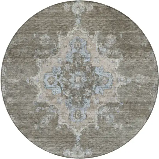 8' Brown Beige And Blue Round Medallion Washable Indoor Outdoor Area Rug Photo 2