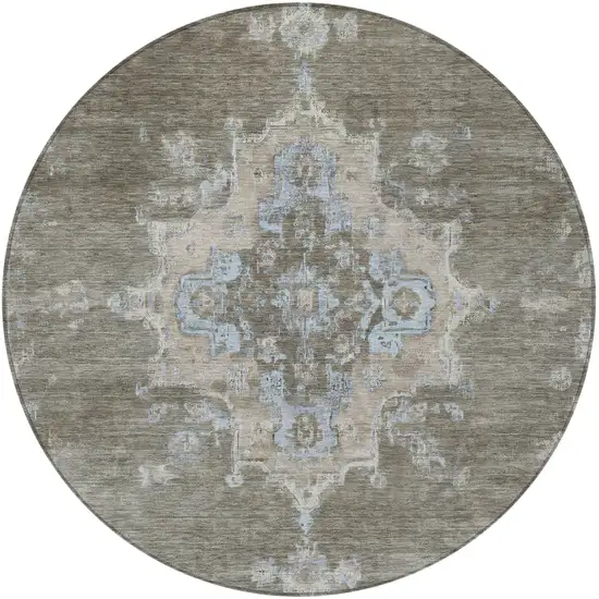 8' Brown Beige And Blue Round Medallion Washable Indoor Outdoor Area Rug Photo 4
