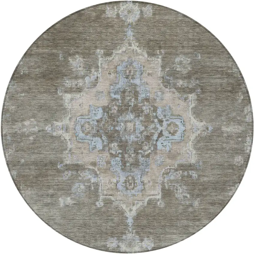 8' Brown Beige And Blue Round Medallion Washable Indoor Outdoor Area Rug Photo 4