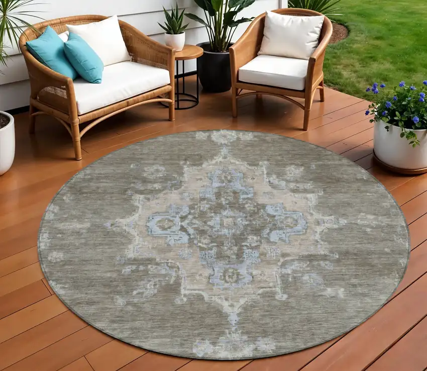 8' Brown Beige And Blue Round Medallion Washable Indoor Outdoor Area Rug Photo 1