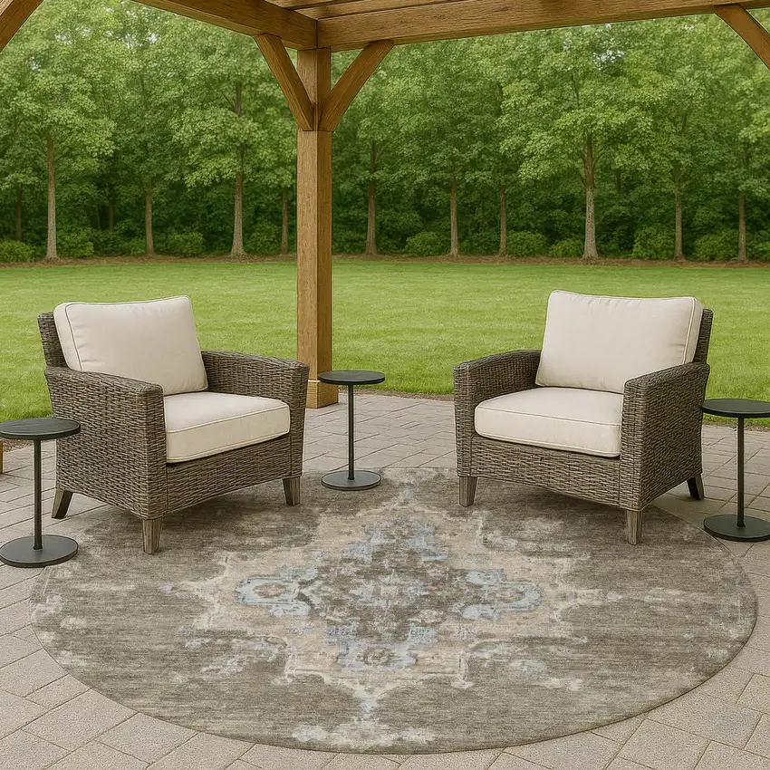 8' Brown Beige And Blue Round Medallion Washable Indoor Outdoor Area Rug Photo 7