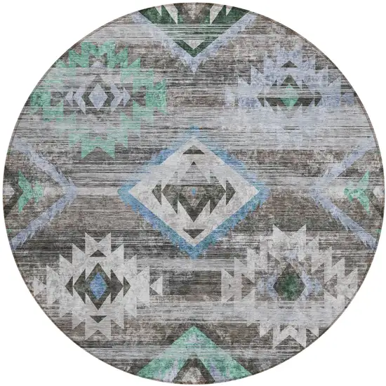 8' Brown Beige And Blue Round Southwestern Washable Indoor Outdoor Area Rug Photo 2