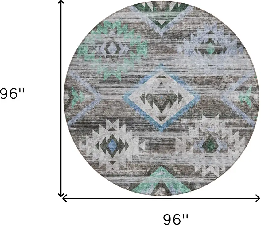 8' Brown Beige And Blue Round Southwestern Washable Indoor Outdoor Area Rug Photo 3