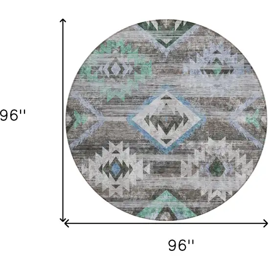 8' Brown Beige And Blue Round Southwestern Washable Indoor Outdoor Area Rug Photo 3