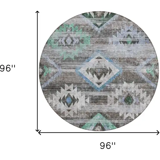 8' Brown Beige And Blue Round Southwestern Washable Indoor Outdoor Area Rug Photo 3