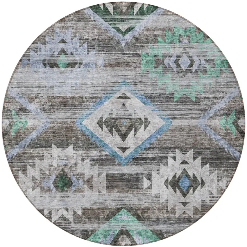 8' Brown Beige And Blue Round Southwestern Washable Indoor Outdoor Area Rug Photo 6