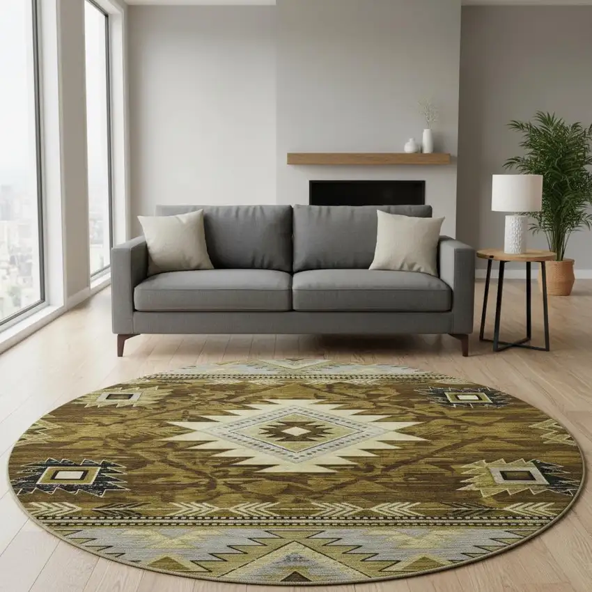 8' Brown Beige And Charcoal Geometric Washable Round Rug With UV Protection Photo 2