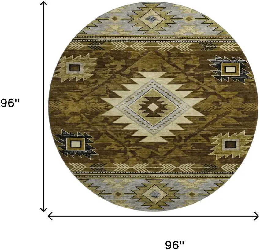 8' Brown Beige And Charcoal Geometric Washable Round Rug With UV Protection Photo 9