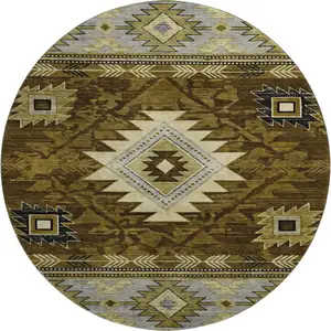 Photo of 8' Brown Beige And Charcoal Geometric Washable Round Rug With UV Protection