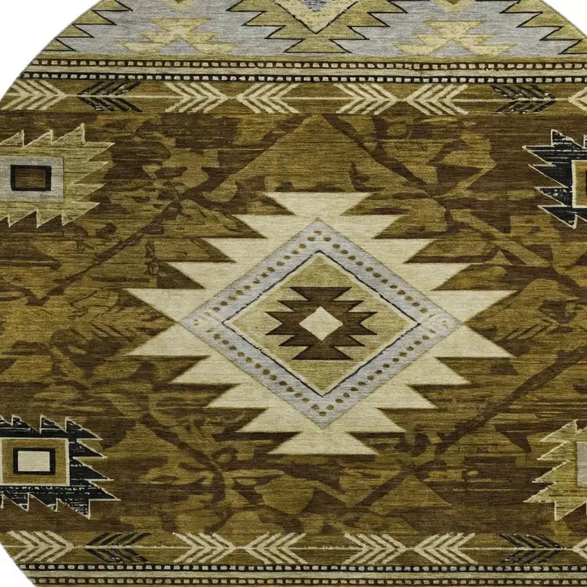 8' Brown Beige And Charcoal Geometric Washable Round Rug With UV Protection Photo 2