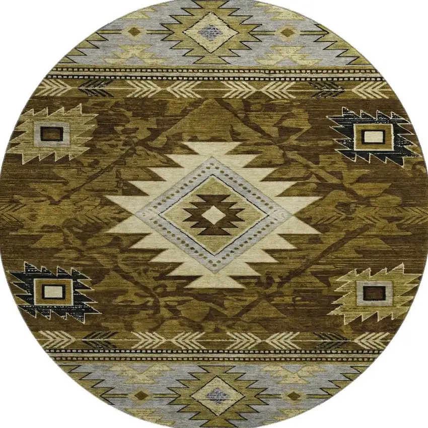 8' Brown Beige And Charcoal Geometric Washable Round Rug With UV Protection Photo 3