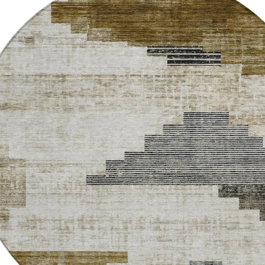 8' Brown Beige And Charcoal Round Geometric Washable Indoor Outdoor Area Rug Photo 4