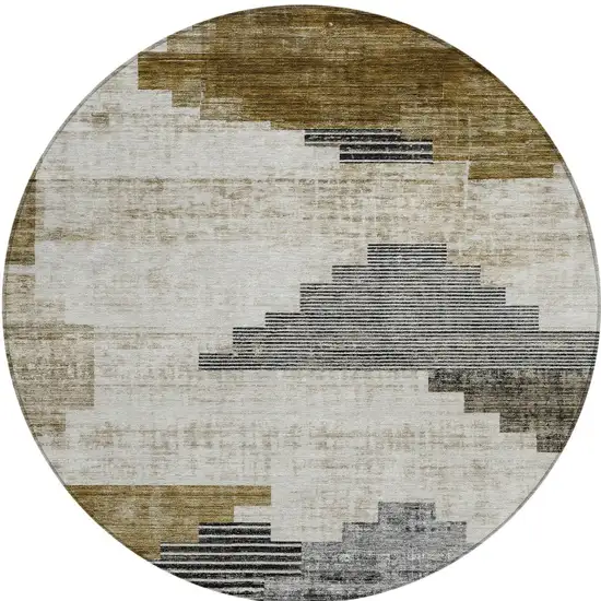 8' Brown Beige And Charcoal Round Geometric Washable Indoor Outdoor Area Rug Photo 3