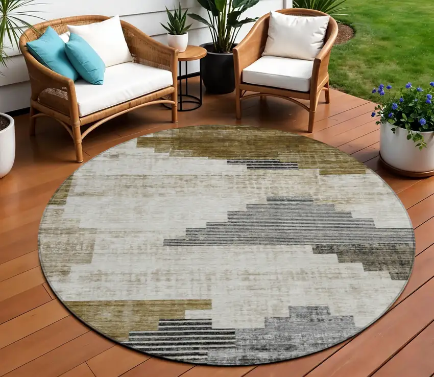 8' Brown Beige And Charcoal Round Geometric Washable Indoor Outdoor Area Rug Photo 2