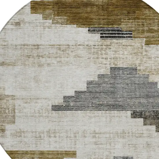 8' Brown Beige And Charcoal Round Geometric Washable Indoor Outdoor Area Rug Photo 8