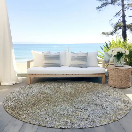 8' Brown Beige And Charcoal Round Oriental Washable Indoor Outdoor Area Rug Photo 6