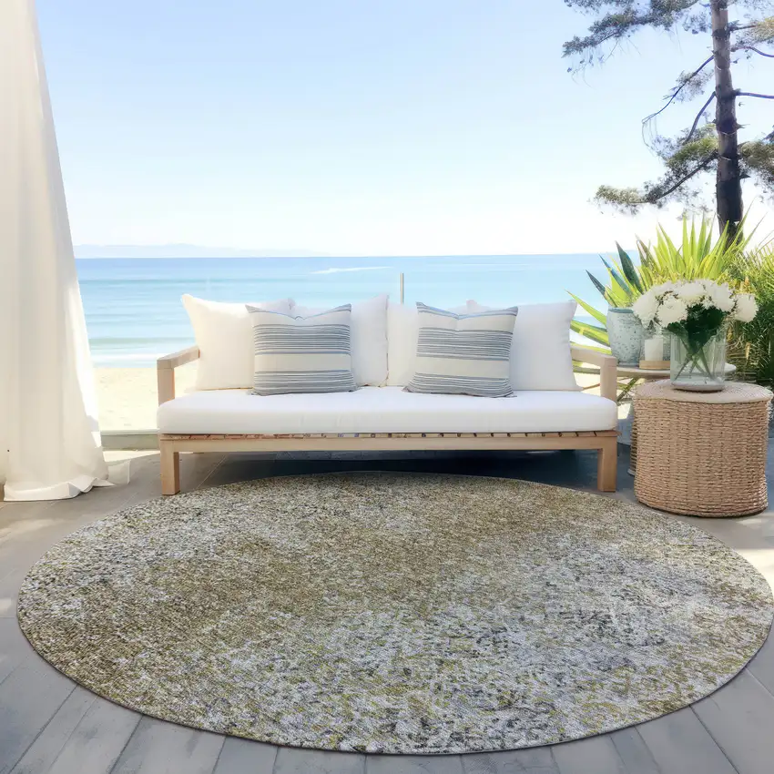 8' Brown Beige And Charcoal Round Oriental Washable Indoor Outdoor Area Rug Photo 6