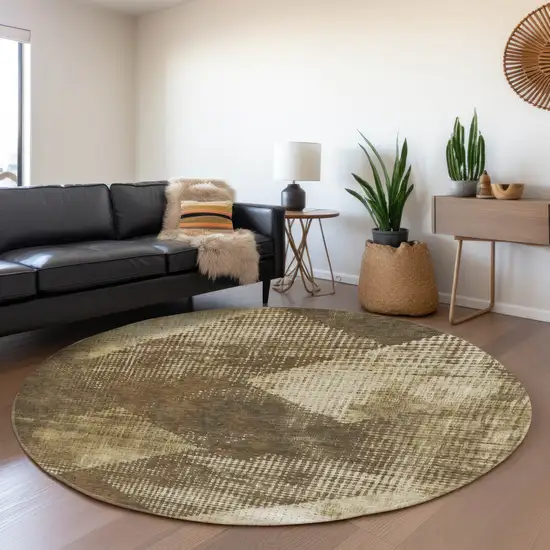 8' Brown Beige And Chocolate Diamond Washable Round Rug With UV Protection Photo 4