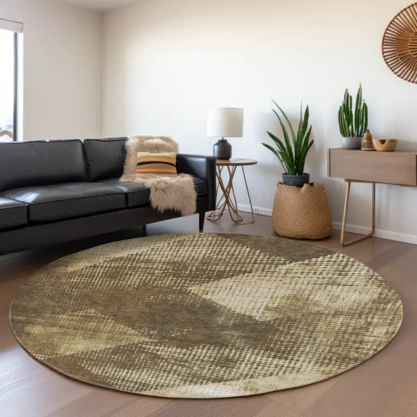 8' Brown Beige And Chocolate Diamond Washable Round Rug With UV Protection Photo 4