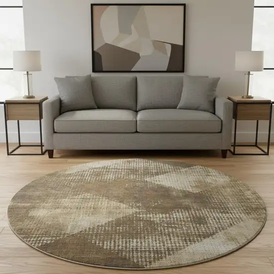 8' Brown Beige And Chocolate Diamond Washable Round Rug With UV Protection Photo 2