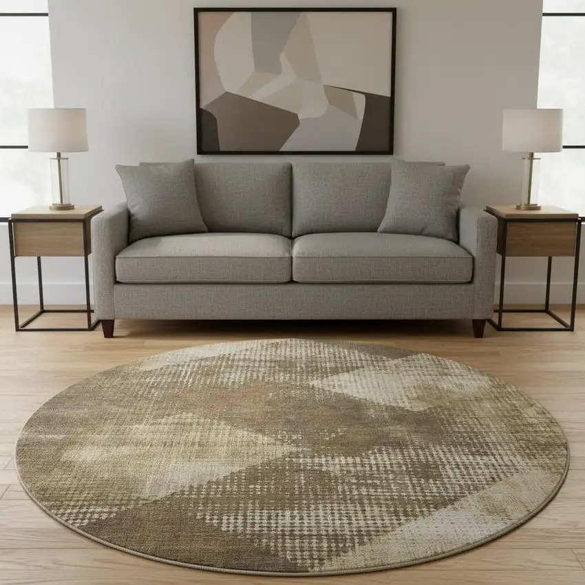 8' Brown Beige And Chocolate Diamond Washable Round Rug With UV Protection Photo 2