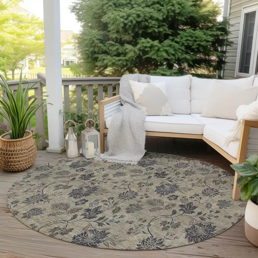8' Brown Beige And Chocolate Round Floral Washable Indoor Outdoor Area Rug Photo 6