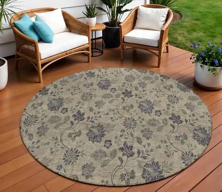 8' Brown Beige And Chocolate Round Floral Washable Indoor Outdoor Area Rug Photo 1