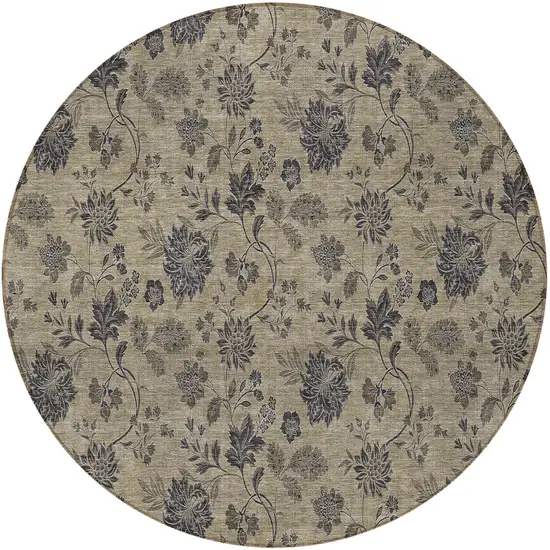 8' Brown Beige And Chocolate Round Floral Washable Indoor Outdoor Area Rug Photo 5