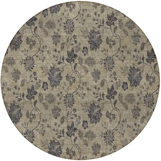 8' Brown Beige And Chocolate Round Floral Washable Indoor Outdoor Area Rug Photo 5