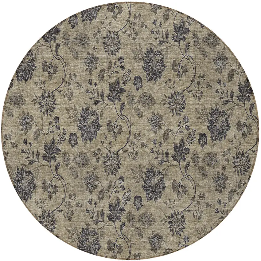 8' Brown Beige And Chocolate Round Floral Washable Indoor Outdoor Area Rug Photo 5