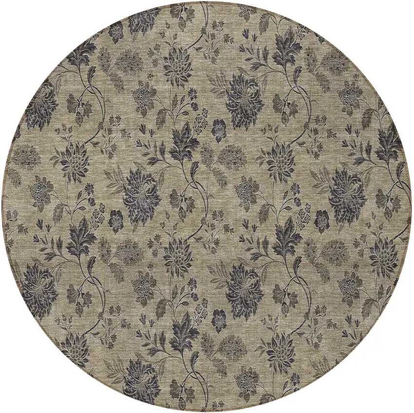 8' Brown Beige And Chocolate Round Floral Washable Indoor Outdoor Area Rug Photo 5