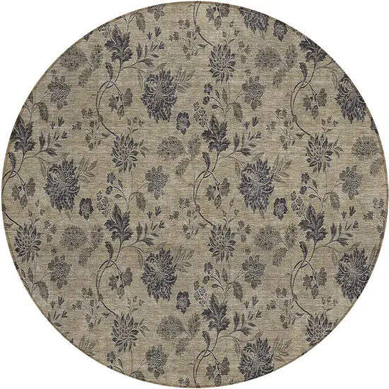 8' Brown Beige And Chocolate Round Floral Washable Indoor Outdoor Area Rug Photo 2