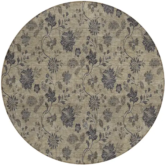 8' Brown Beige And Chocolate Round Floral Washable Indoor Outdoor Area Rug Photo 2