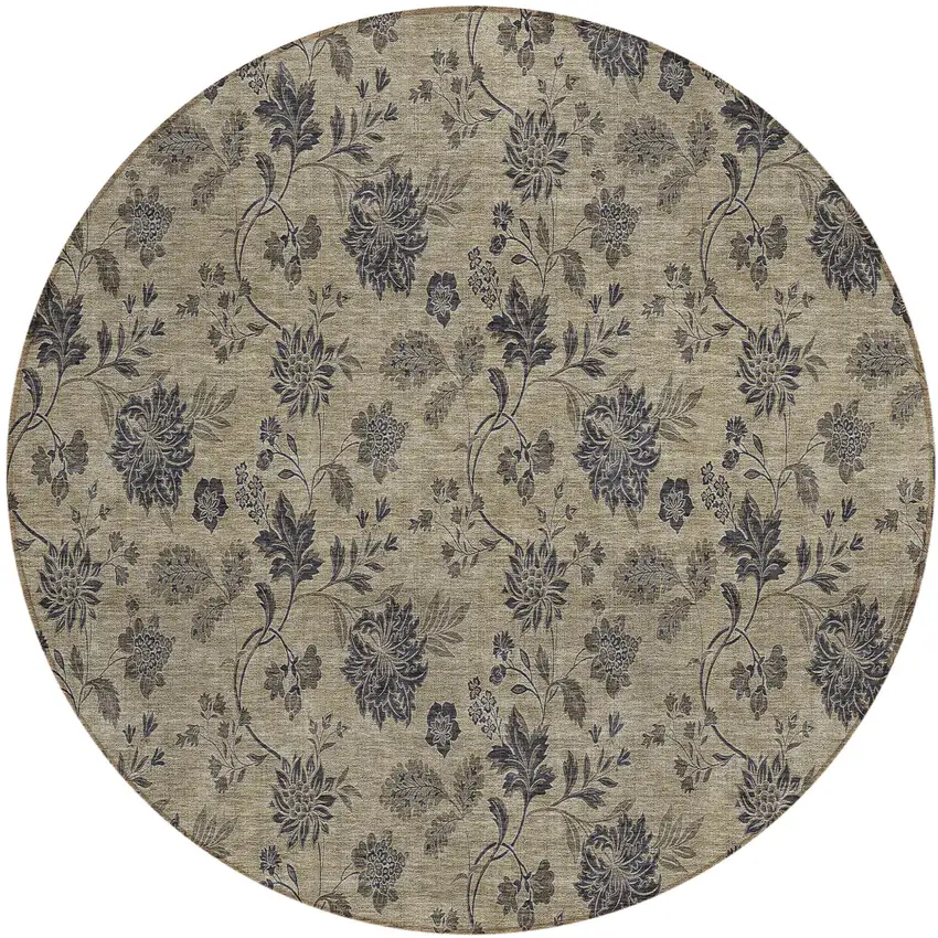 8' Brown Beige And Chocolate Round Floral Washable Indoor Outdoor Area Rug Photo 2