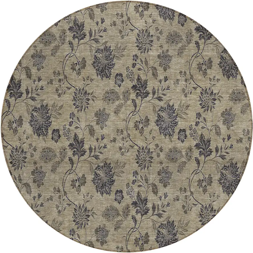8' Brown Beige And Chocolate Round Floral Washable Indoor Outdoor Area Rug Photo 2