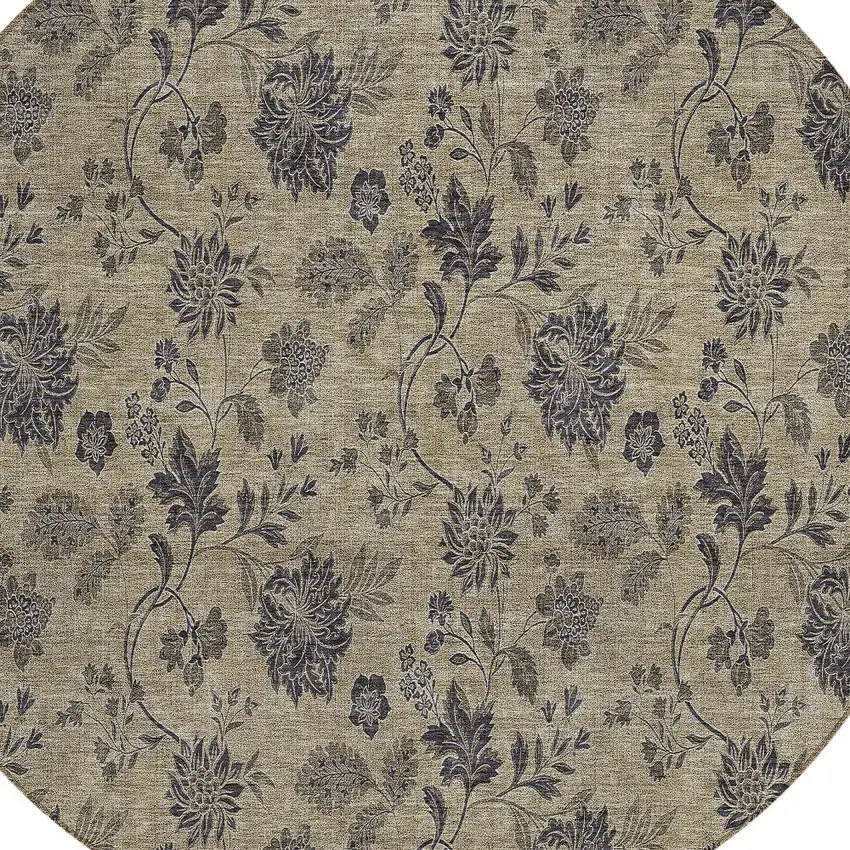 8' Brown Beige And Chocolate Round Floral Washable Indoor Outdoor Area Rug Photo 4